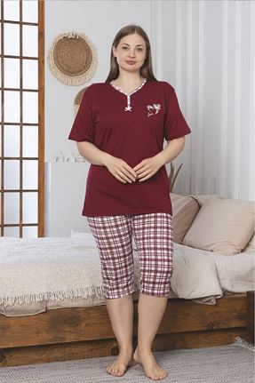 ست لباس راحتی سایز بزرگ قرمز زنانه طرح دار Farya Home - کد 815195679