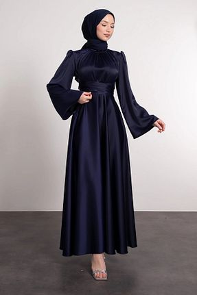 لباس مجلسی حجاب سرمه ای زنانه یقه ایستاده Lamia Giyim - کد 823639720