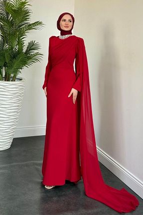 لباس مجلسی حجاب قرمز زنانه یقه ماهیگیر MERVEN AKYÜZ - کد 934286729