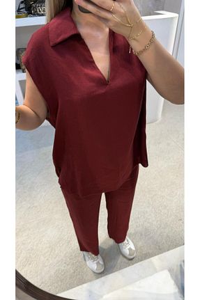 ست بالاتنه و پائین تنه زرشکی زنانه کتان SEVİNÇ GÜNGÖR - کد 933720288