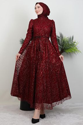 لباس مجلسی حجاب زرشکی زنانه یقه ایستاده GİYZAMİLA - کد 933907472