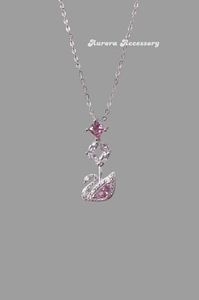 گردنبند استیل ( فولاد ) صورتی زنانه روکش نقره AurorAccessory - کد 934045832