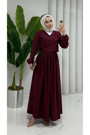 ست بالاتنه و پائین تنه زرشکی زنانه بافتنی Wual giyim - کد 934148458