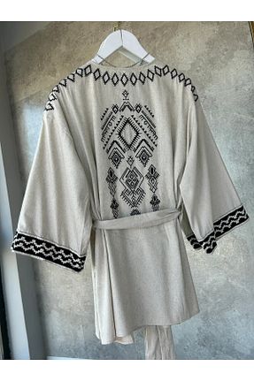 کیمونو و کافتان بژ زنانه کتان modabetce - کد 935570898