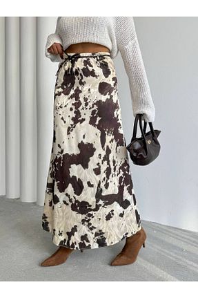 دامن قهوه ای زنانه ساتن İLKCET MODA - کد 904205202