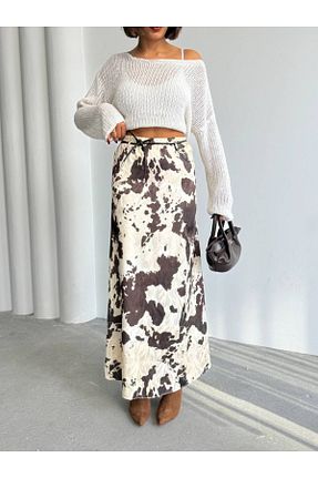 دامن قهوه ای زنانه ساتن İLKCET MODA - کد 904205202
