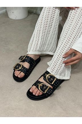 دمپائی مشکی زنانه چرم مصنوعی ERVANIN BUTİĞİ - کد 934619226