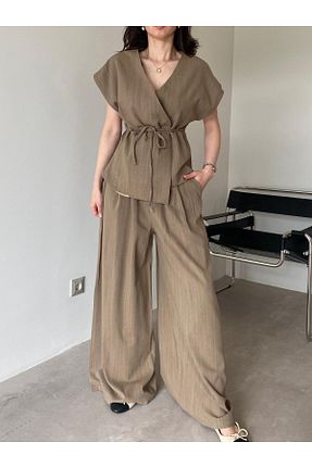ست بالاتنه و پائین تنه خاکی زنانه بافت Bade Butik - کد 934635866
