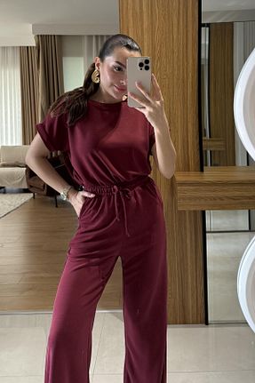 ست بالاتنه و پائین تنه زرشکی زنانه بافتنی Gizem Ecemiş - کد 933279156