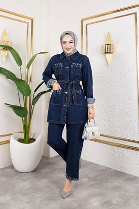 ست بالاتنه و پائین تنه حجاب سرمه ای زنانه رگولار HARMAN BUTİK - کد 902477731