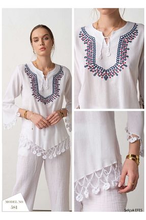 بلوز سفید زنانه یقه دانتل Selçuk EFES - کد 934127343