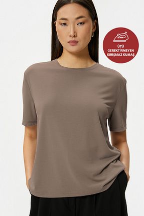 تیشرت قهوه ای زنانه گشاد OXVİN - کد 921827841