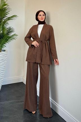 ست بالاتنه و پائین تنه حجاب قهوه ای زنانه اورسایز MERVEN AKYÜZ - کد 933608540