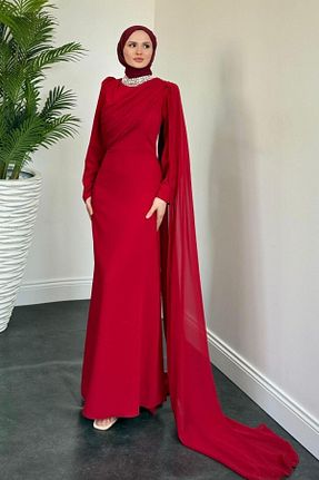 لباس مجلسی حجاب قرمز زنانه یقه دوچرخه MERVEN AKYÜZ - کد 934286729