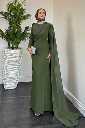 لباس مجلسی حجاب خاکی زنانه یقه ایستاده MERVEN AKYÜZ - کد 934286490