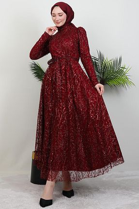 لباس مجلسی حجاب زرشکی زنانه یقه ایستاده GİYZAMİLA - کد 933907472