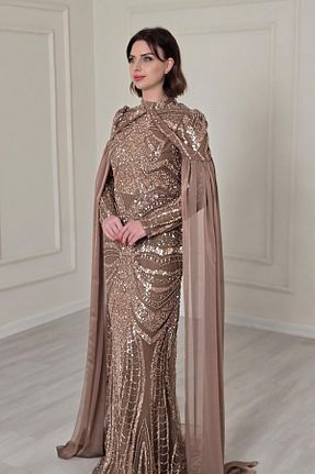 لباس مجلسی حجاب قهوه ای یقه ایستاده Yonca Moda Evi - کد 935071517