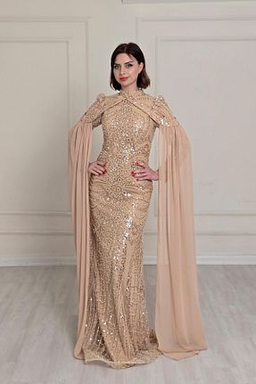لباس مجلسی حجاب طلائی یقه ایستاده Yonca Moda Evi - کد 935071896