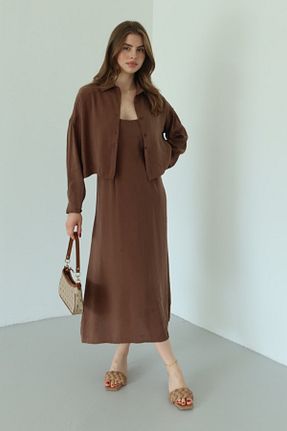 ست بالاتنه و پائین تنه قهوه ای زنانه بافتنی Laluvia - کد 934185136