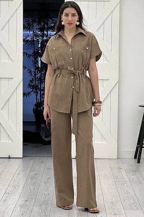 ست بالاتنه و پائین تنه خاکی زنانه بافتنی Moda Asrın - کد 934899892