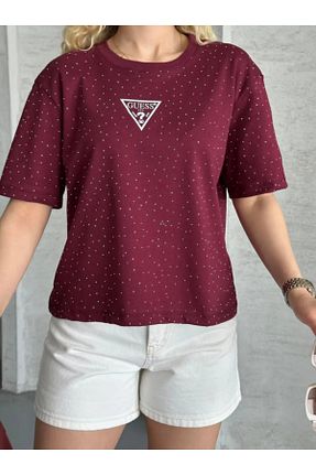 تیشرت زرشکی زنانه کراپ CS BUTİKK - کد 934982608