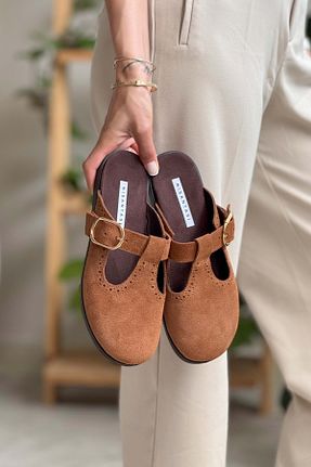 دمپائی قهوه ای زنانه چرم خالص NİŞANTAŞI SHOES - کد 935046418
