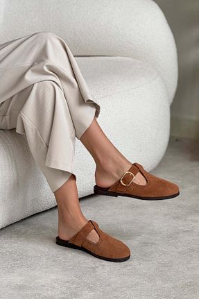 دمپائی قهوه ای زنانه چرم خالص NİŞANTAŞI SHOES - کد 935046418