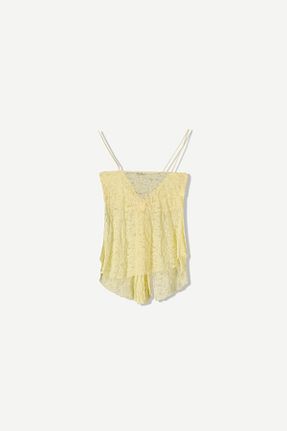 تیشرت زرد زنانه یقه دگاژه Bershka - کد 935435058