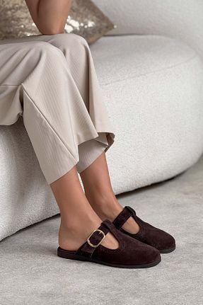 دمپائی قهوه ای زنانه چرم خالص NİŞANTAŞI SHOES - کد 935046431