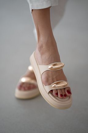 دمپائی بژ زنانه چرم مصنوعی selinshoes - کد 935283694