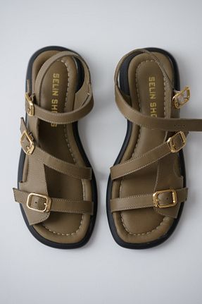 صندل خاکی زنانه پاشنه تخت selinshoes - کد 935279942