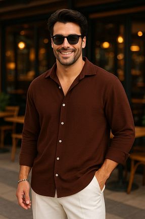 پیراهن قهوه ای مردانه اورسایز EKZMODA - کد 935275671