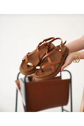 صندل قهوه ای زنانه پاشنه تخت ZİESCE - کد 935342389
