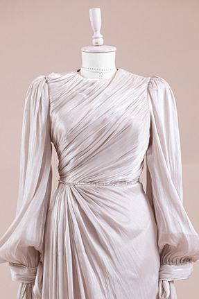 لباس مجلسی حجاب بژ زنانه یقه ایستاده Hennin - کد 935518680
