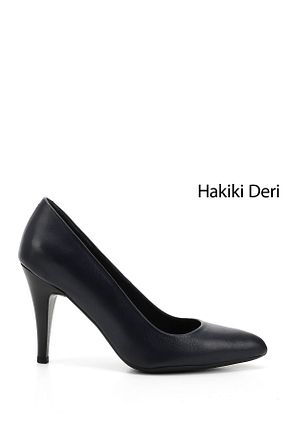 کفش پاشنه بلند کلاسیک سرمه ای زنانه چرم خالص GÖNDERİ(R) - کد 1271523