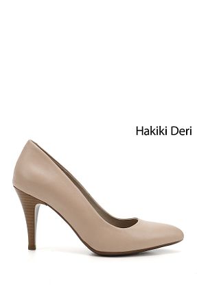 کفش پاشنه بلند کلاسیک بژ زنانه چرم خالص GÖNDERİ(R) - کد 280689073