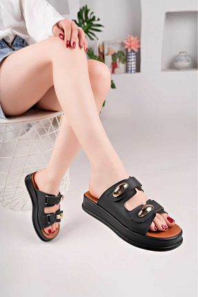 دمپائی مشکی زنانه چرم مصنوعی BAHRİNA - کد 933696149