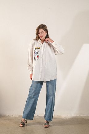 پیراهن سفید زنانه اورسایز GÖMLEX - کد 936089634