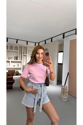 تیشرت صورتی زنانه یقه دوچرخه Sezgi Tekin - کد 936874291