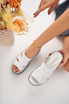 دمپائی سفید زنانه چرم خالص Deripabuc - کد 855370403