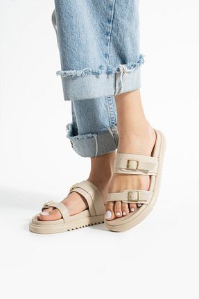 دمپائی بژ زنانه چرم مصنوعی Güllü Shoes - کد 935082003