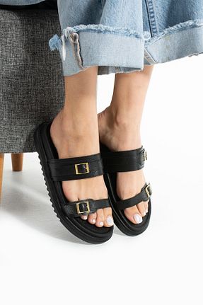 دمپائی مشکی زنانه چرم مصنوعی Güllü Shoes - کد 935126620