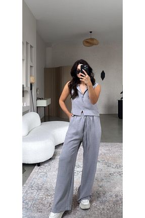 ست بالاتنه و پائین تنه طوسی زنانه بافتنی mor butik - کد 935438105