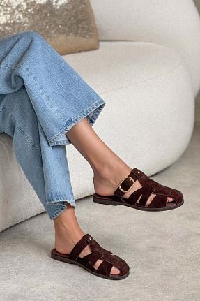 دمپائی قهوه ای زنانه چرم مصنوعی NİŞANTAŞI SHOES - کد 935049985