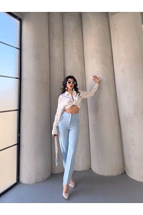 شلوار پارچه ای آبی زنانه فاق بلند BARG FASHION - کد 935281367