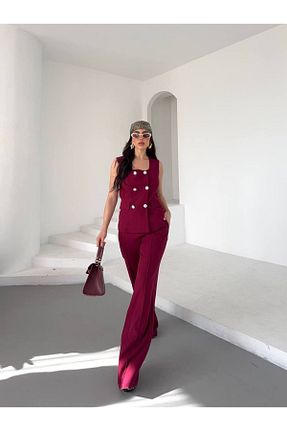 ست بالاتنه و پائین تنه زرشکی زنانه بافتنی NILOO - کد 935507425