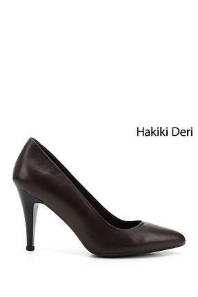 کفش پاشنه بلند کلاسیک قهوه ای زنانه چرم خالص GÖNDERİ(R) - کد 34790928