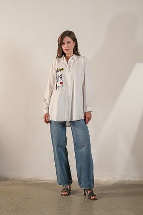 پیراهن سفید زنانه اورسایز GÖMLEX - کد 936089634