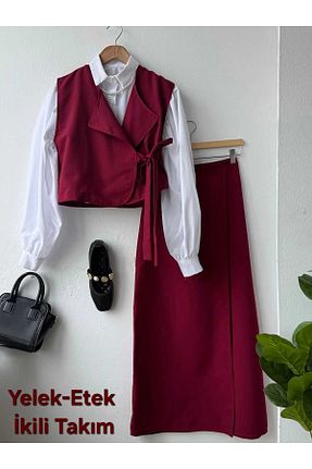 ست بالاتنه و پائین تنه زرشکی زنانه بافتنی ENDAMIM - کد 932542925