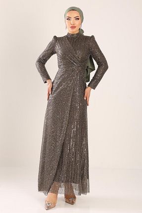 لباس مجلسی حجاب قهوه ای زنانه یقه ایستاده Olcay - کد 936614345